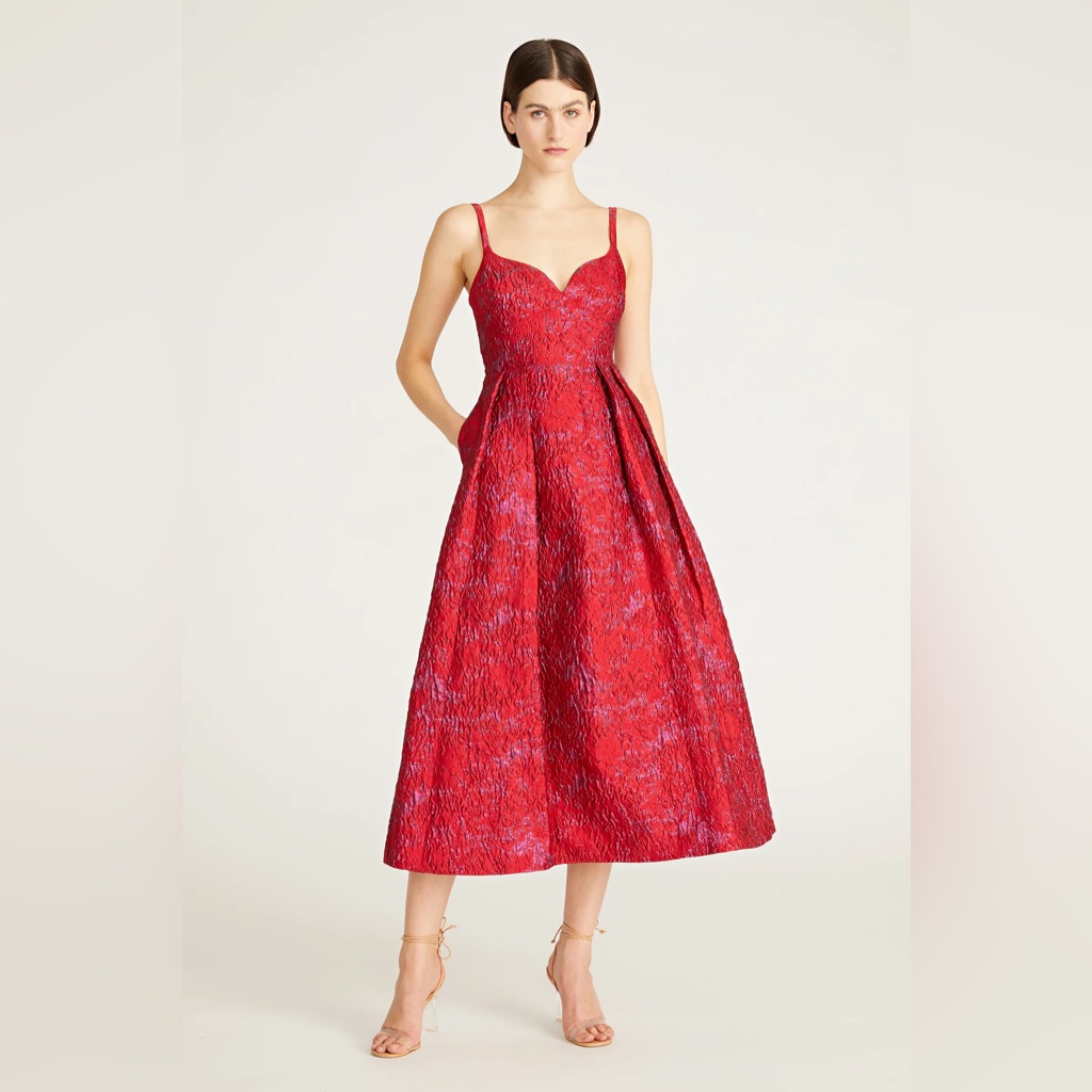 Monique Lhuillier Isabela Red Textured Sweetheart Midi Dress
